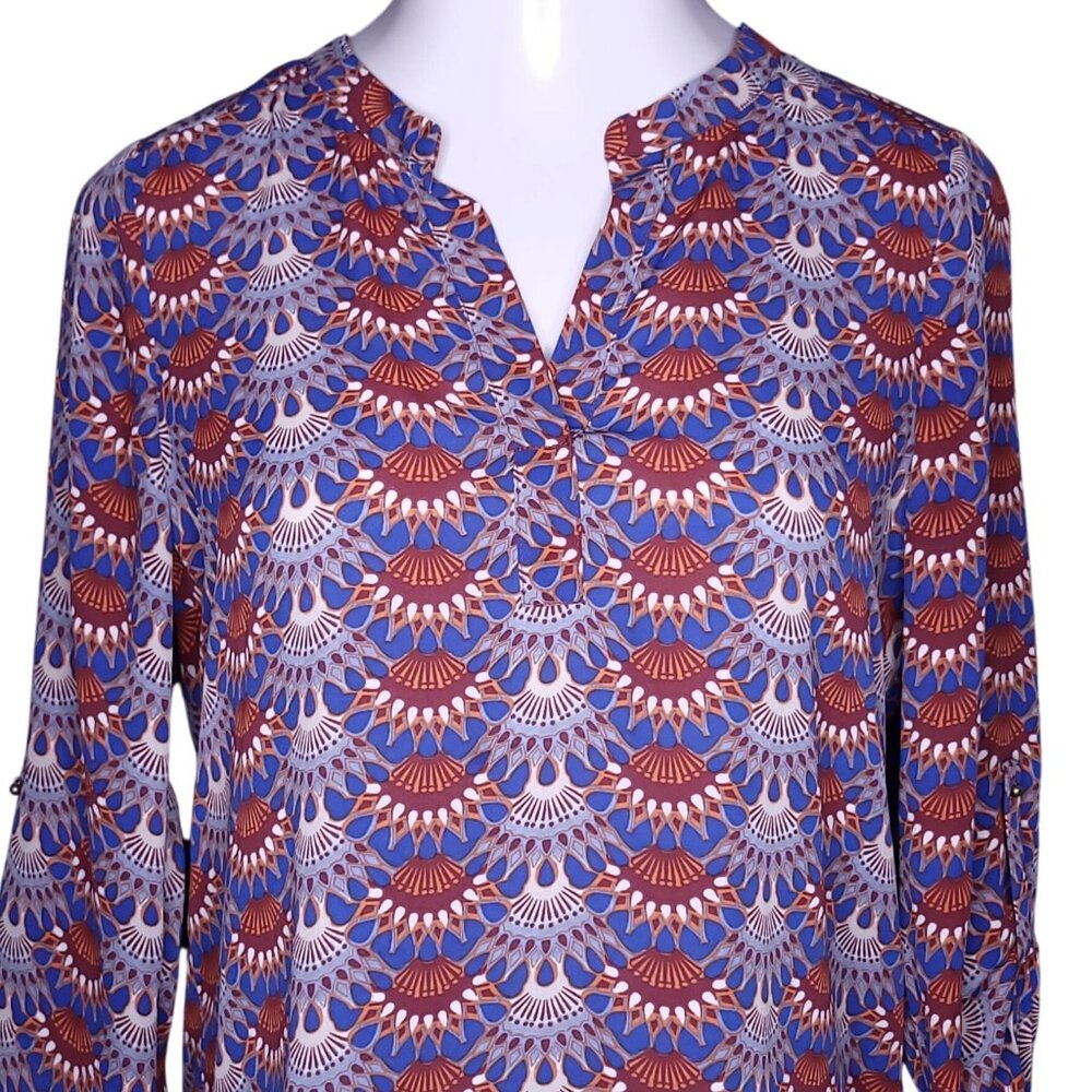 Daniel Rainn Womens Blouse Convertible Sleeve M Geometric Design Top Lightweight